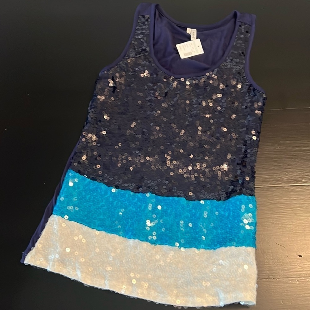 Maurices Studio Y Sequin Tank Top Navy Blue Turquoise White Colorblock Small NWT